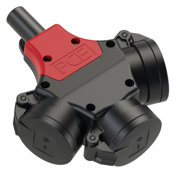 25322-s Трійник переносний 3х16А (schuko) з підпружиненою кришкою IP44, чорний/червоний