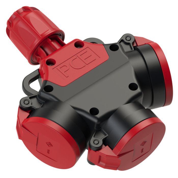 253642-s Трійник переносний 3х16А (schuko) LED з сальником IP44, червоний